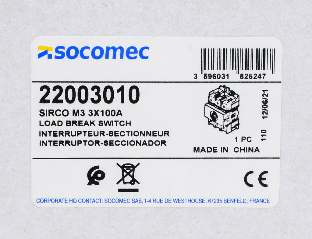 Socomec 22003010 - Disconnect Switch 600V AC/30A (PLP Frame Compatible)