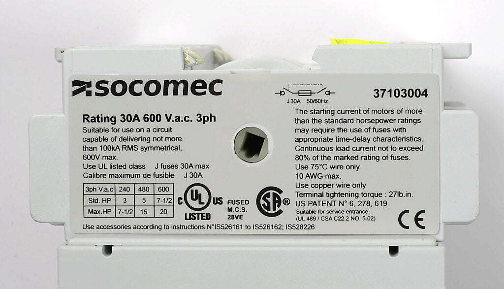 Socomec 37103004 - Fusible Disconnect Switch 600V/30A (3-Pole, Class J)