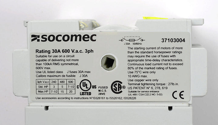 Socomec 37103004 - Fusible Disconnect Switch 600V/30A (3-Pole, Class J)