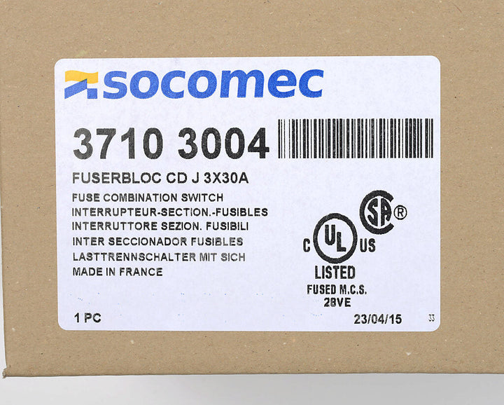 Socomec 37103004 - Fusible Disconnect Switch 600V/30A (3-Pole, Class J)