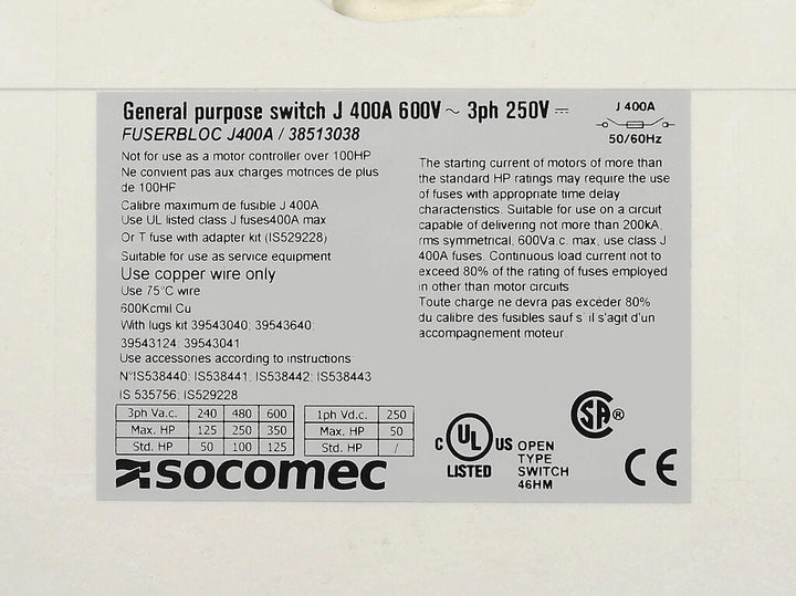 Socomec 38513038 - Disconnect Switch 690V AC 125A (PLP Frame Compatible)