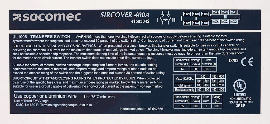 Socomec 41503042 - Manual Transfer Switch PLP Frame Compatible (IEC 60947 Compliant)