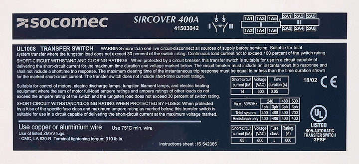 Socomec 41503042 - Manual Transfer Switch PLP Frame Compatible (IEC 60947 Compliant)