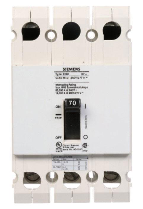 Siemens CQD370 - Molded Case 70A 480V 3P Circuit Breaker