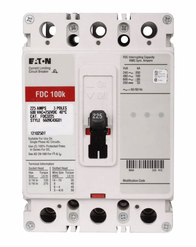 Eaton Cutler-Hammer FDC3225 - 225A 3-Pole Molded Case Circuit Breaker