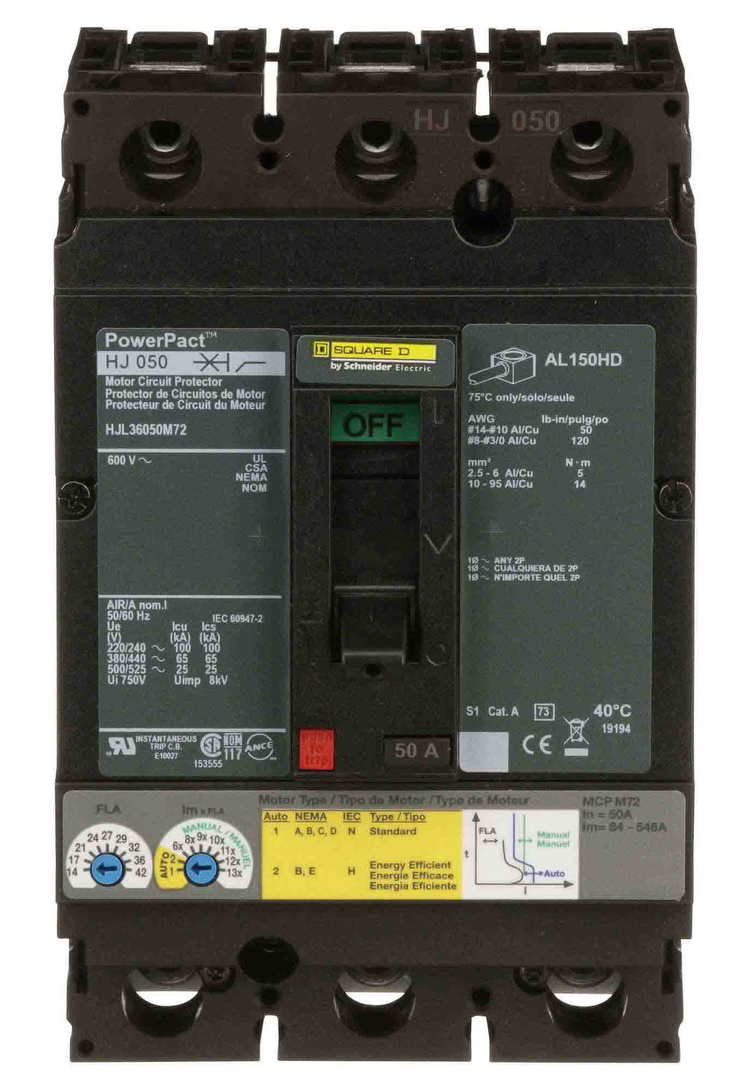 Square D HJL36050M72 - Motor Circuit Protector 50A 600V 3P (65kA AIC)