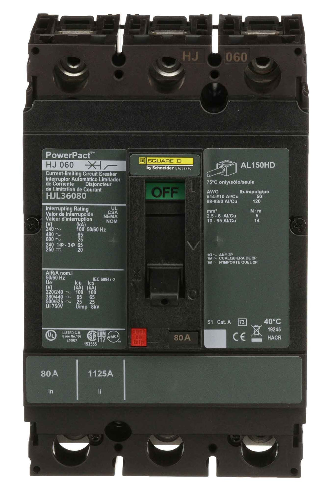 Square D HJL36080 - 3-Pole Circuit Breaker 80A 600V (65kA AIC)