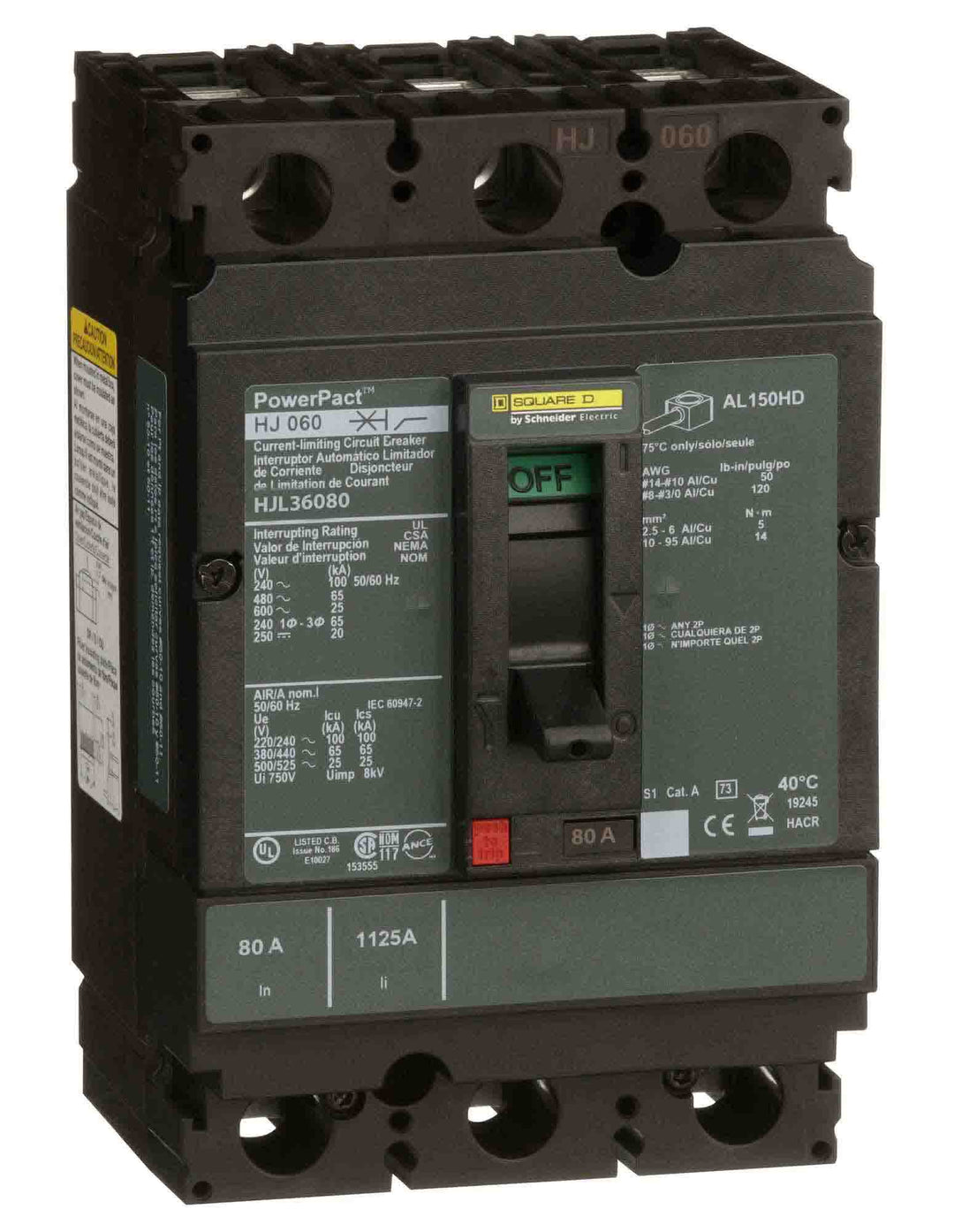Square D HJL36080 - 3-Pole Circuit Breaker 80A 600V (65kA AIC)