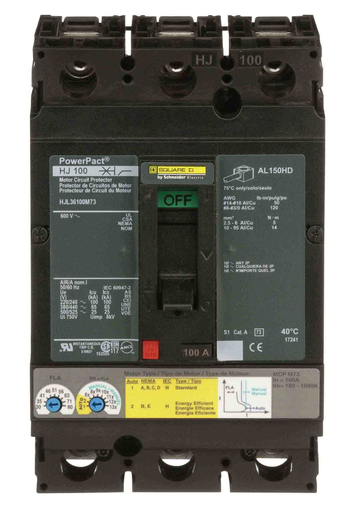 Square D HJL36100M73 - Molded Case Breaker, 100A 3P (65kA AIC)
