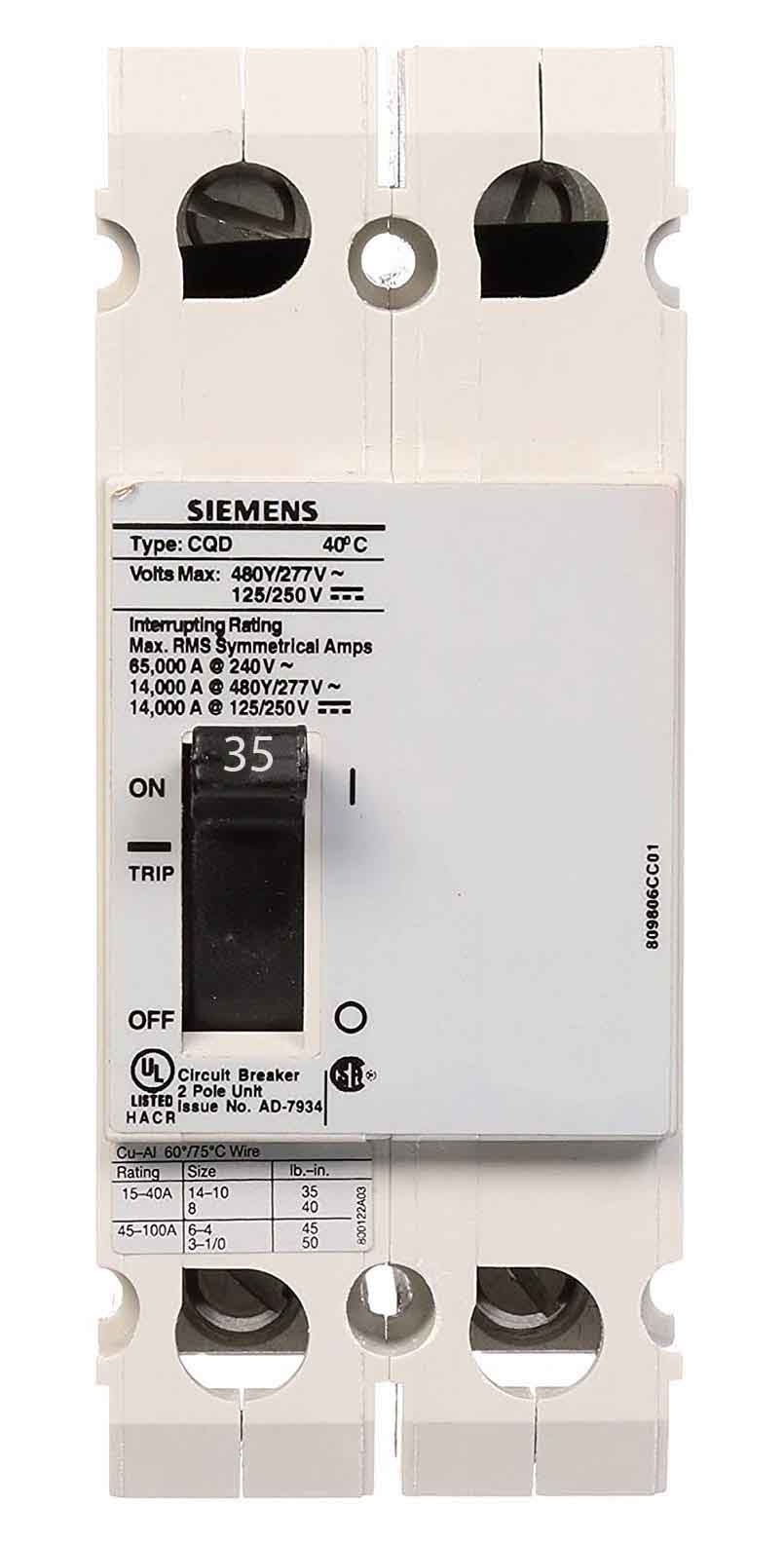 Siemens CQD235 - Molded Case Breaker 35A 480V 2-Pole