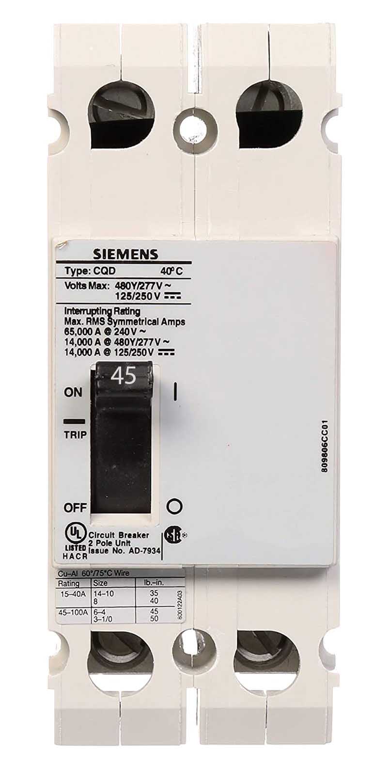 Siemens CQD245 - Molded Case Circuit Breaker 45A 480V 2-Pole