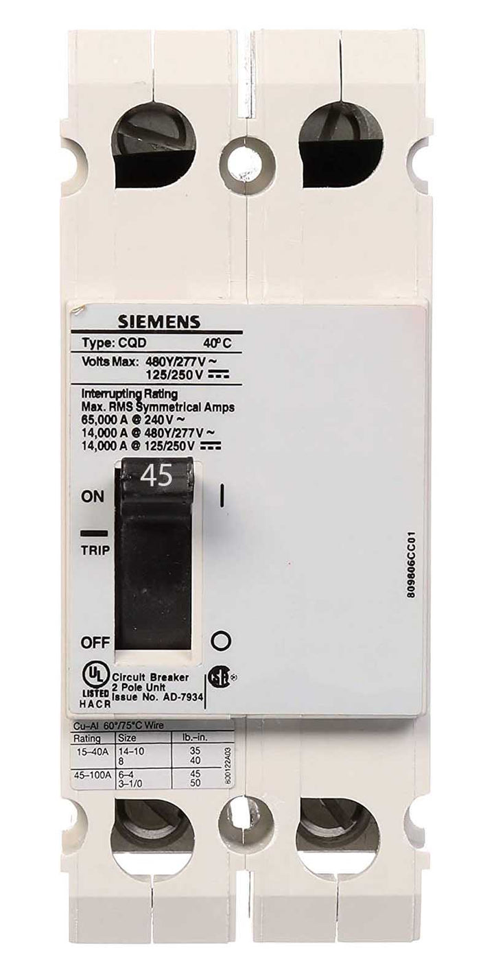 Siemens CQD245 - Molded Case Circuit Breaker 45A 480V 2-Pole