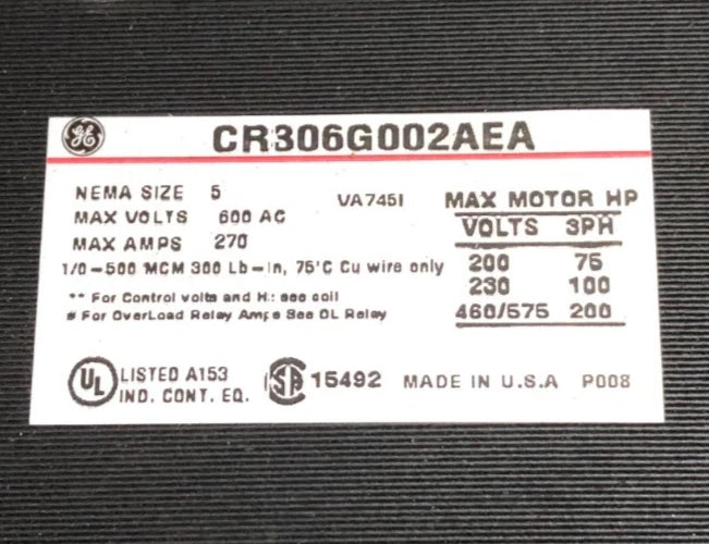 CR306G002AEA GE Three-Phase Motor Starter, NEMA Size 5, 270A, 600V