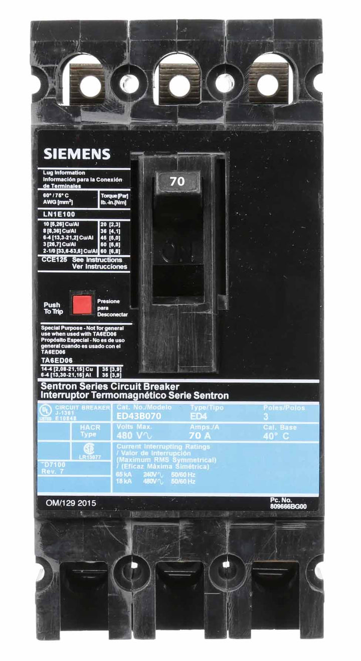 Siemens ED43B070 - 70A 3-Pole Molded Case Breaker 480V