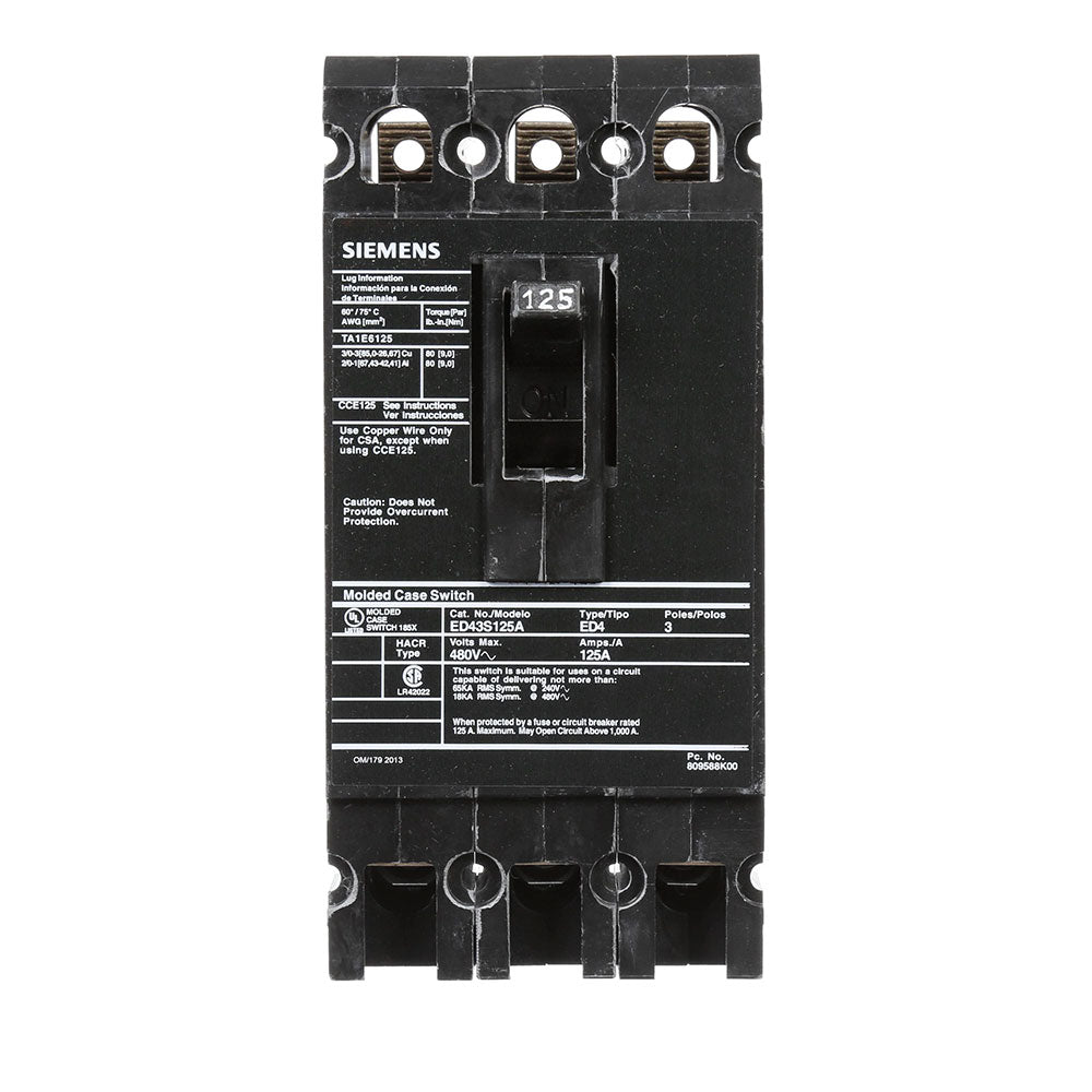 Siemens ED43S125A - Molded Case Circuit Breaker, 125A 3P (18kA AIC)