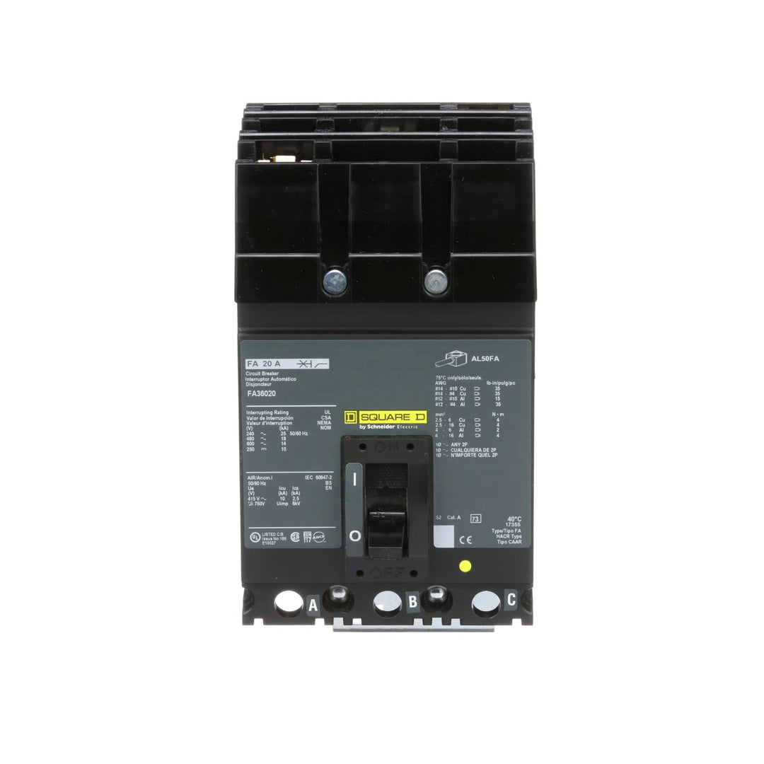 Square D FA36020 - 3-Pole Molded Case Breaker (20A, 600V)