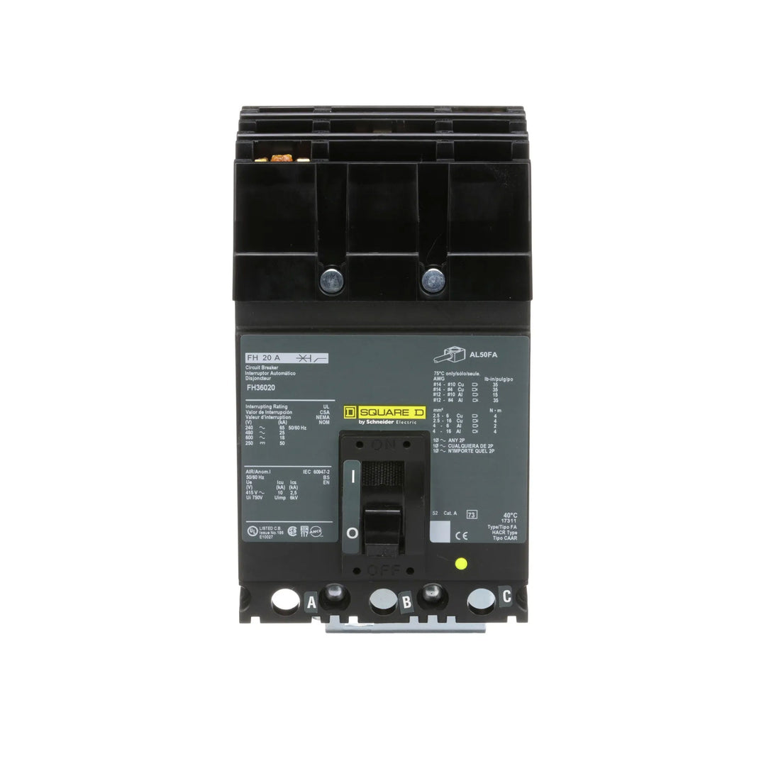 Square D FH36020 - 3-Pole Molded Case Circuit Breaker, 20A 600V