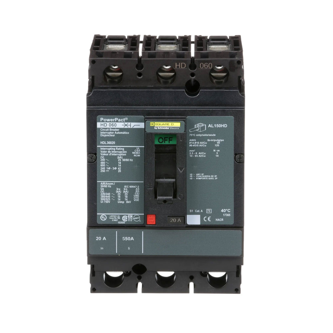 Square D HDL36020 - 3-Pole 20A Circuit Breaker (600V, 18kA AIC)