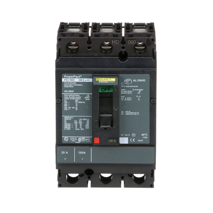 Square D HDL36020 - 3-Pole 20A Circuit Breaker (600V, 18kA AIC)