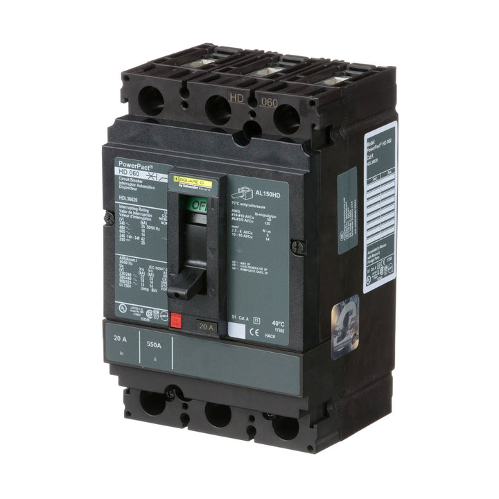 Square D HDL36020 - 3-Pole 20A Circuit Breaker (600V, 18kA AIC)
