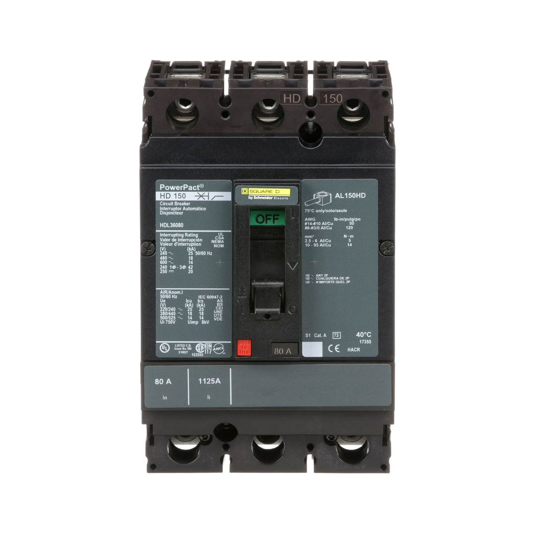Square D HDL36080 - 80A 3P Thermal Magnetic Circuit Breaker (600V, 18kA)