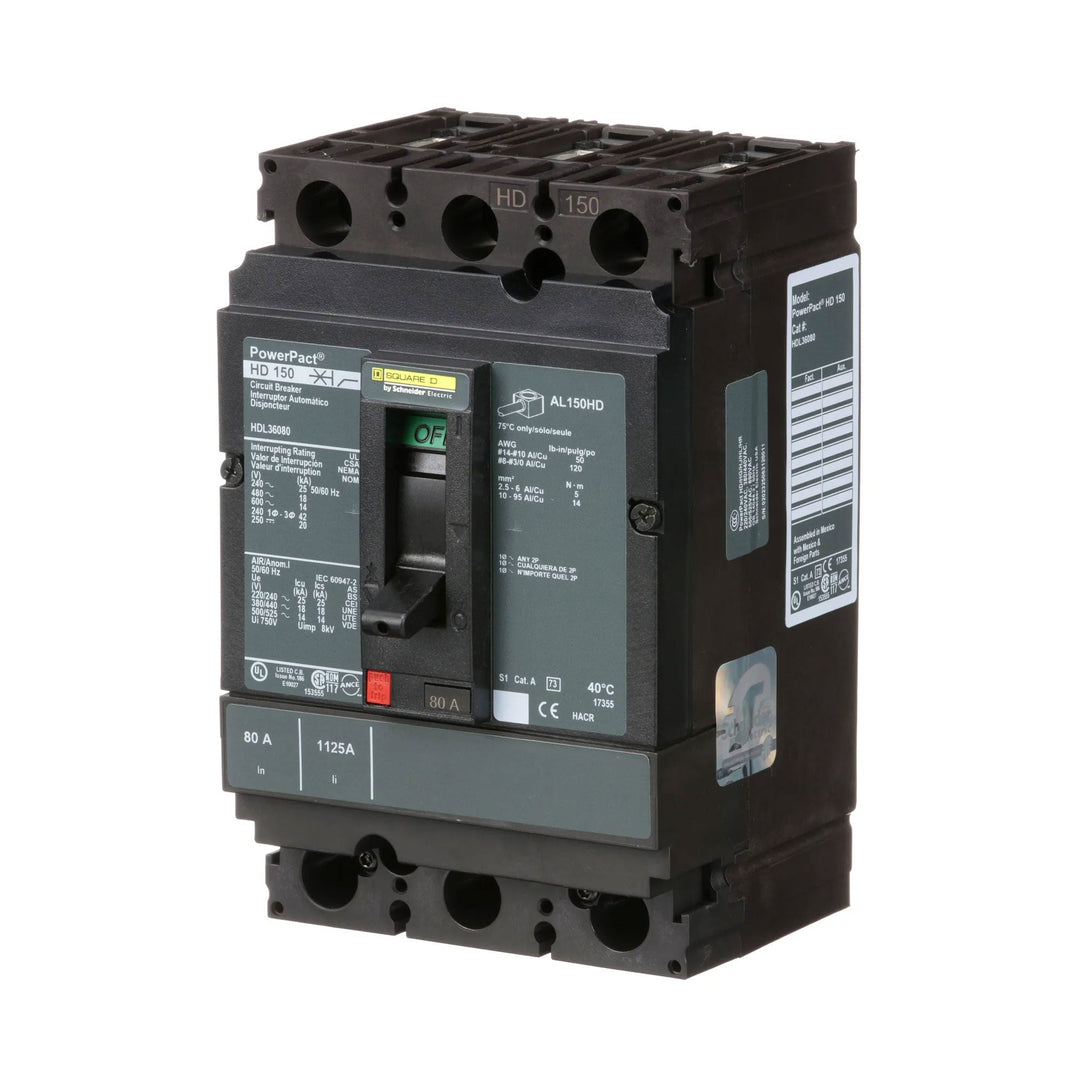 Square D HDL36080 - 80A 3P Thermal Magnetic Circuit Breaker (600V, 18kA)