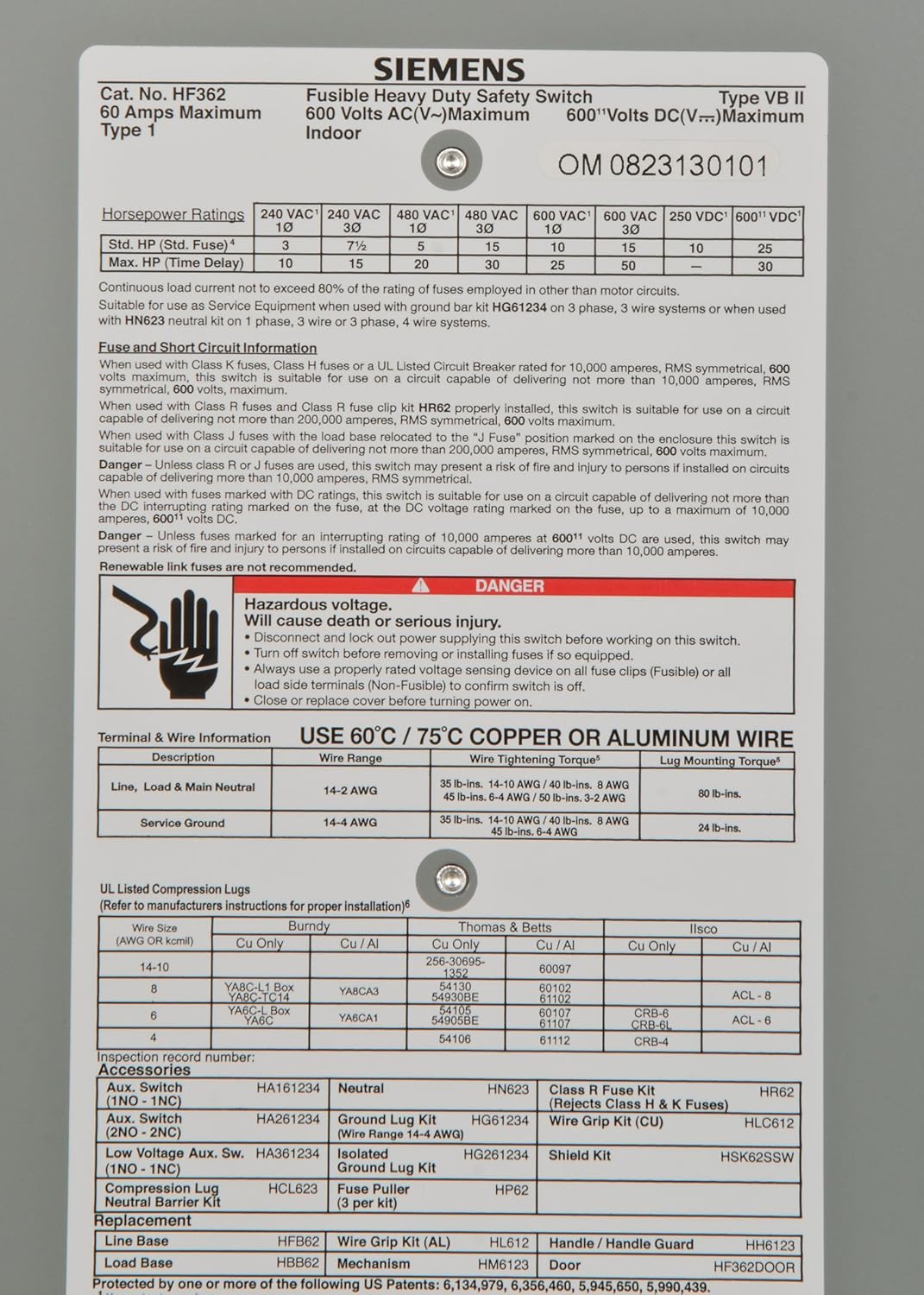 Siemens HF362 - Fusible Disconnect Switch 600V AC 60A (200kA AIC @600V)