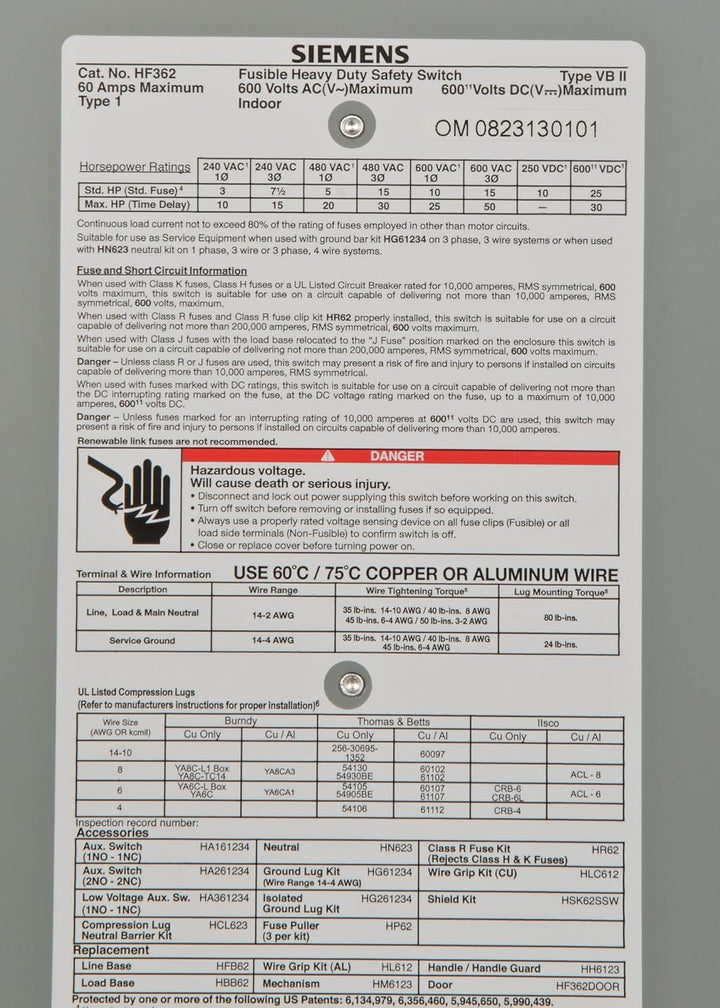 Siemens HF362 - Fusible Disconnect Switch 600V AC 60A (200kA AIC @600V)