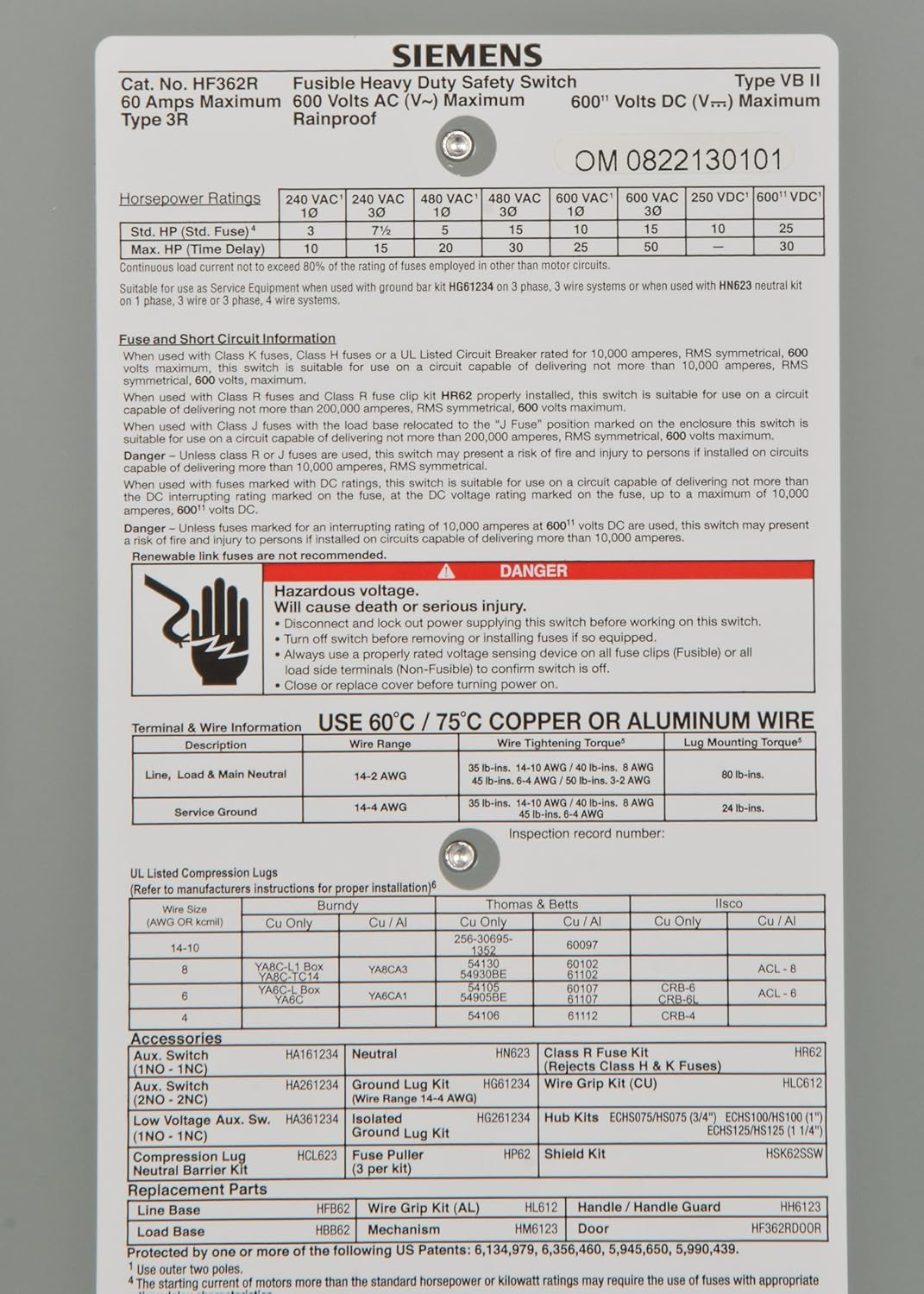 Siemens HF362R - Fusible Disconnect Switch 600V AC / 60A (NEMA 3R, 200kA AIC)