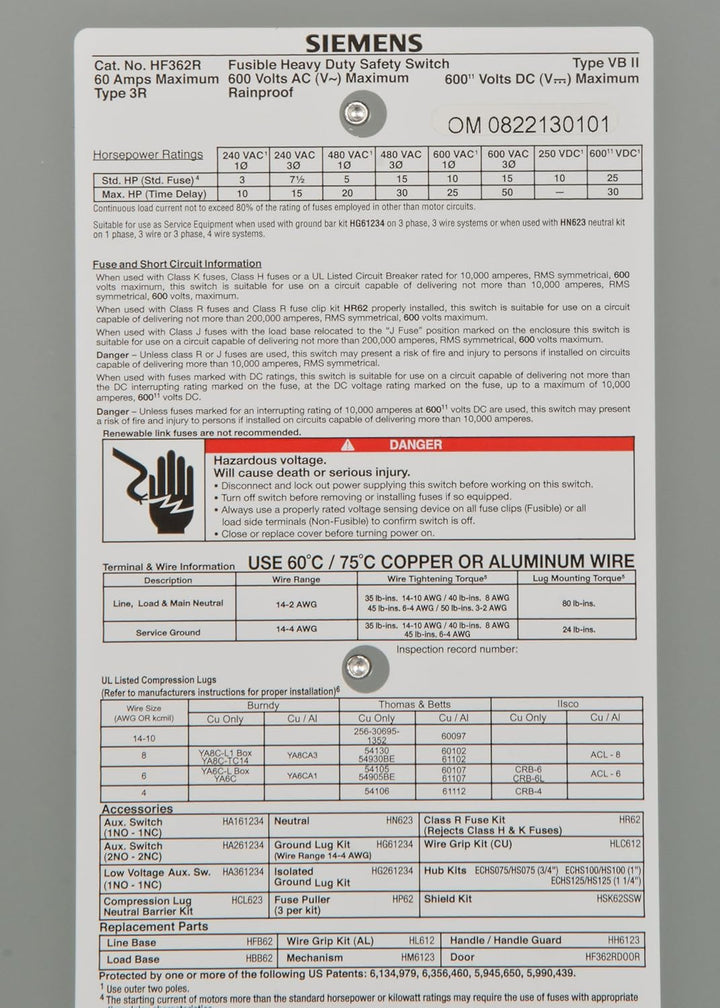 Siemens HF362R - Fusible Disconnect Switch 600V AC / 60A (NEMA 3R, 200kA AIC)
