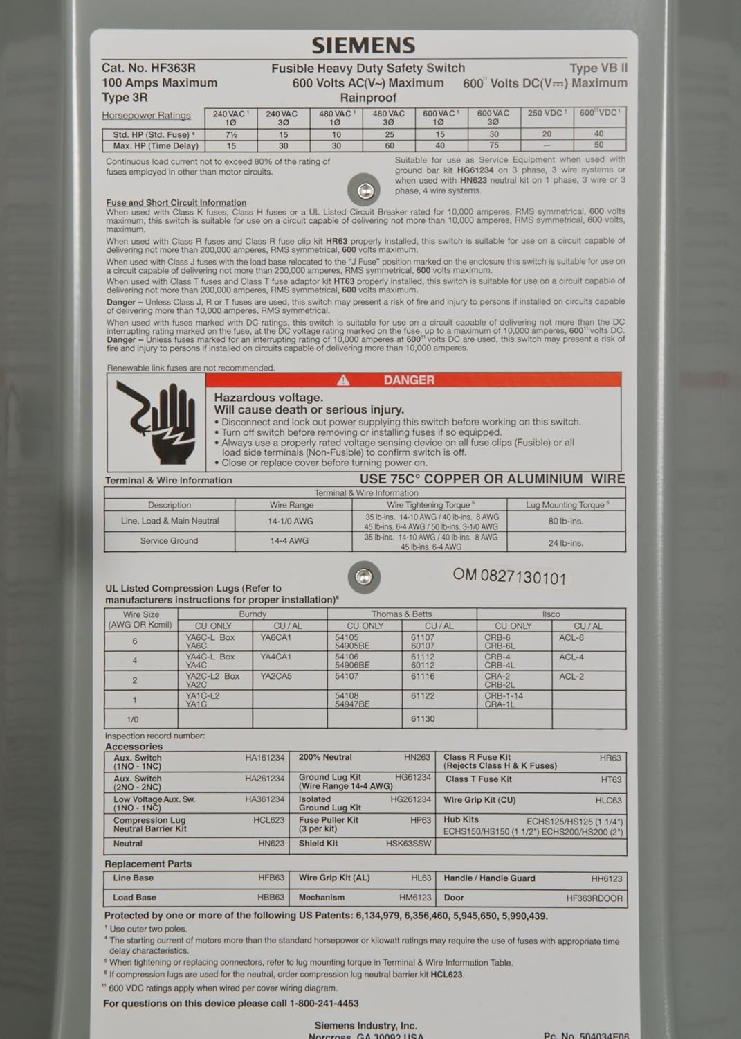 Siemens HF363R - Fusible Disconnect Switch 600V AC 100A (200kA AIC @600V)
