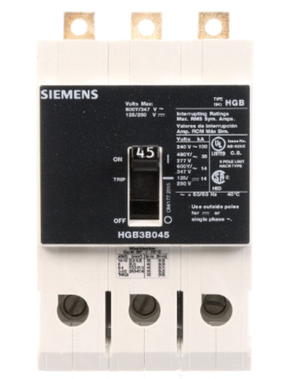 Siemens HGB3B045B - Molded Case Circuit Breaker, 45A 600V 3P