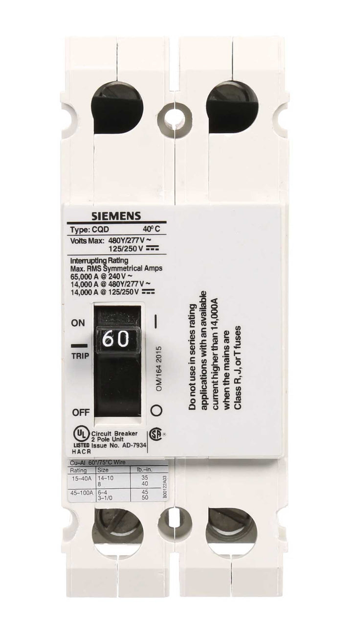 Siemens CQD260 - Molded Case Circuit Breaker 60A 480V 2-Pole