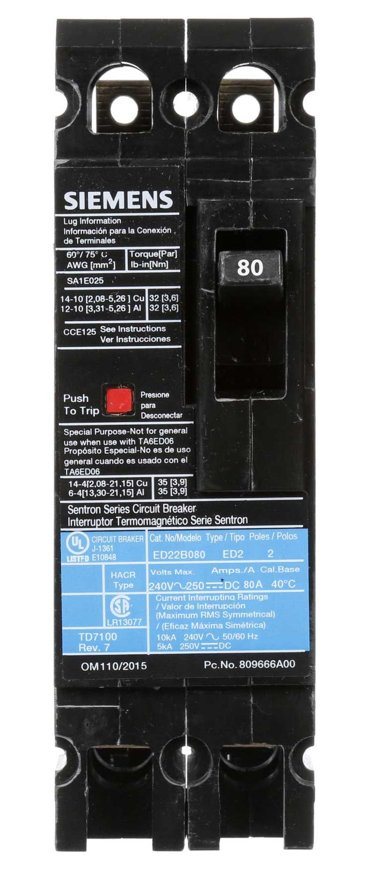 Siemens ED22B080 - Molded Case Circuit Breaker, 80A 2-Pole