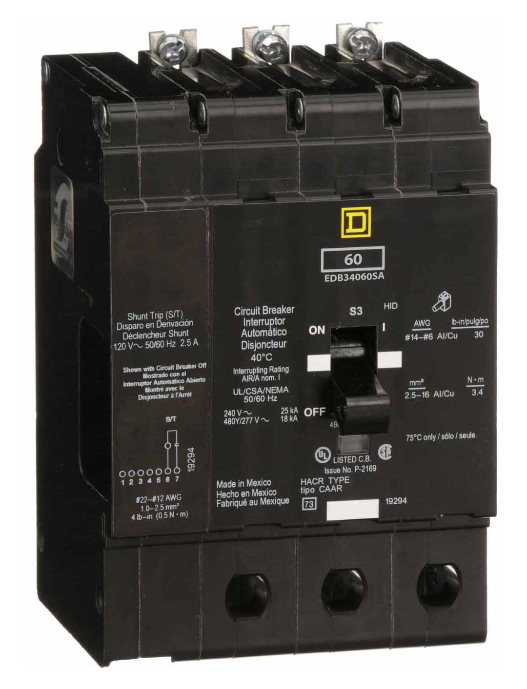 Square D EDB34060SA - 3-Pole 60A Circuit Breaker (18kA AIC)