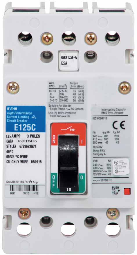 Cutler Hammer EGB3125FFG - 3P Molded Case Breaker, 125A 480V