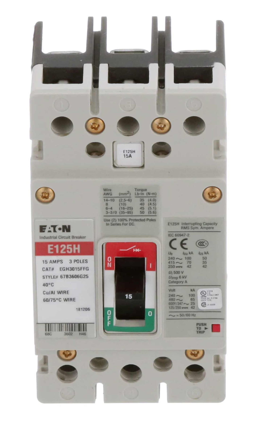 Cutler Hammer EGH3015FFG - 3-Pole Molded Case Breaker, 15A 600V