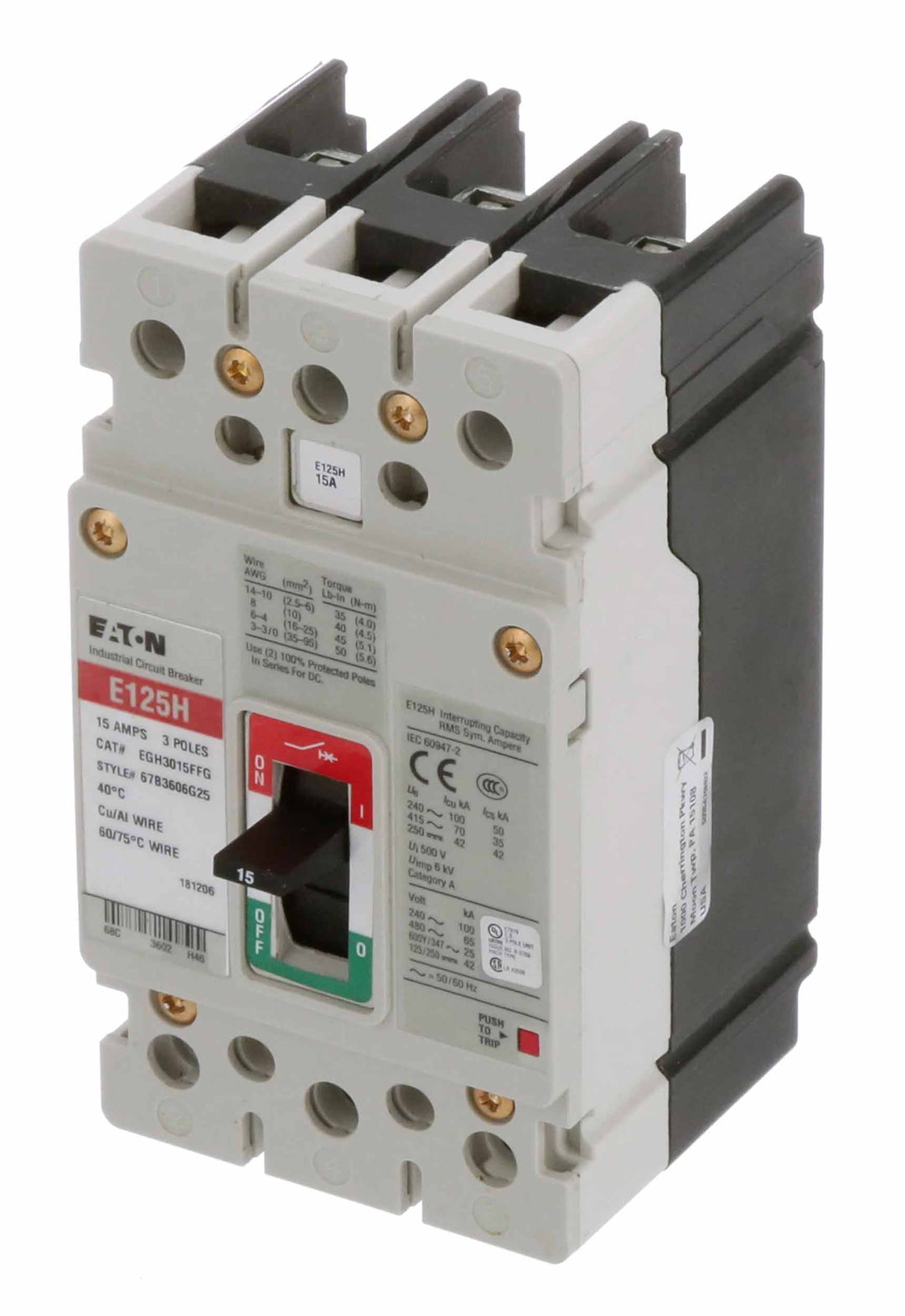 Cutler Hammer EGH3015FFG - 3-Pole Molded Case Breaker, 15A 600V