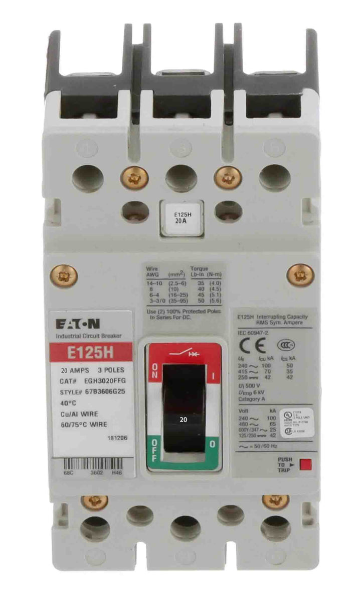 Cutler Hammer EGH3020FFG - 3-Pole Molded Case Breaker 20A/600V