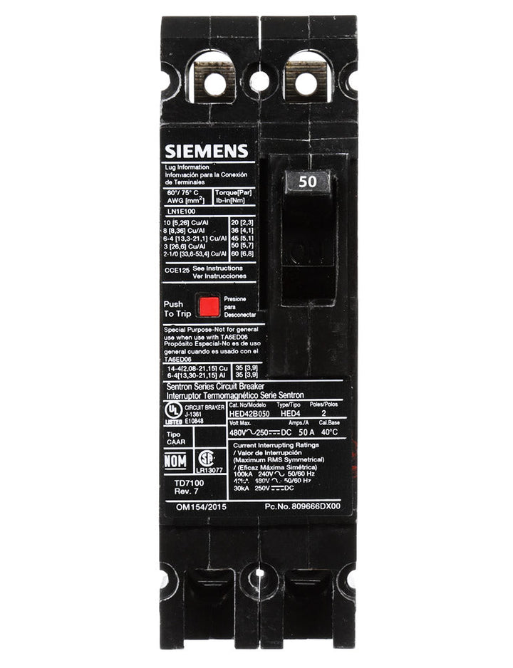 Siemens HED42B050 - Molded Case Breaker 50A 480V 42kA