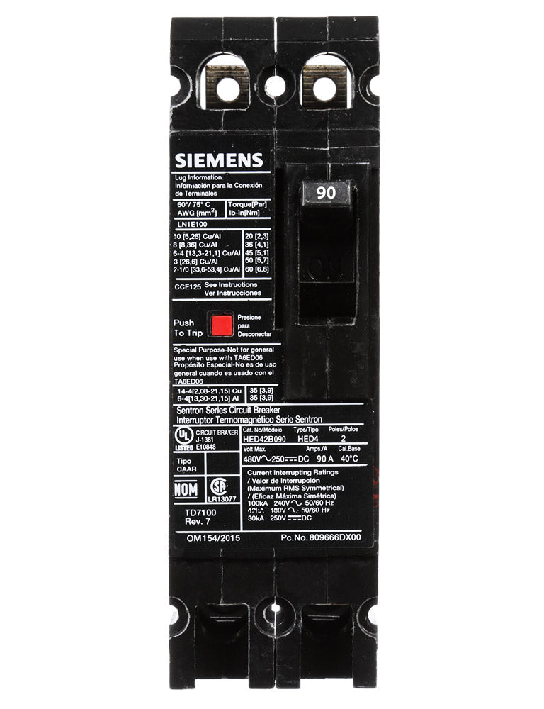 Siemens HED42B090 - Molded Case Circuit Breaker 90A 480V 42kA AIC