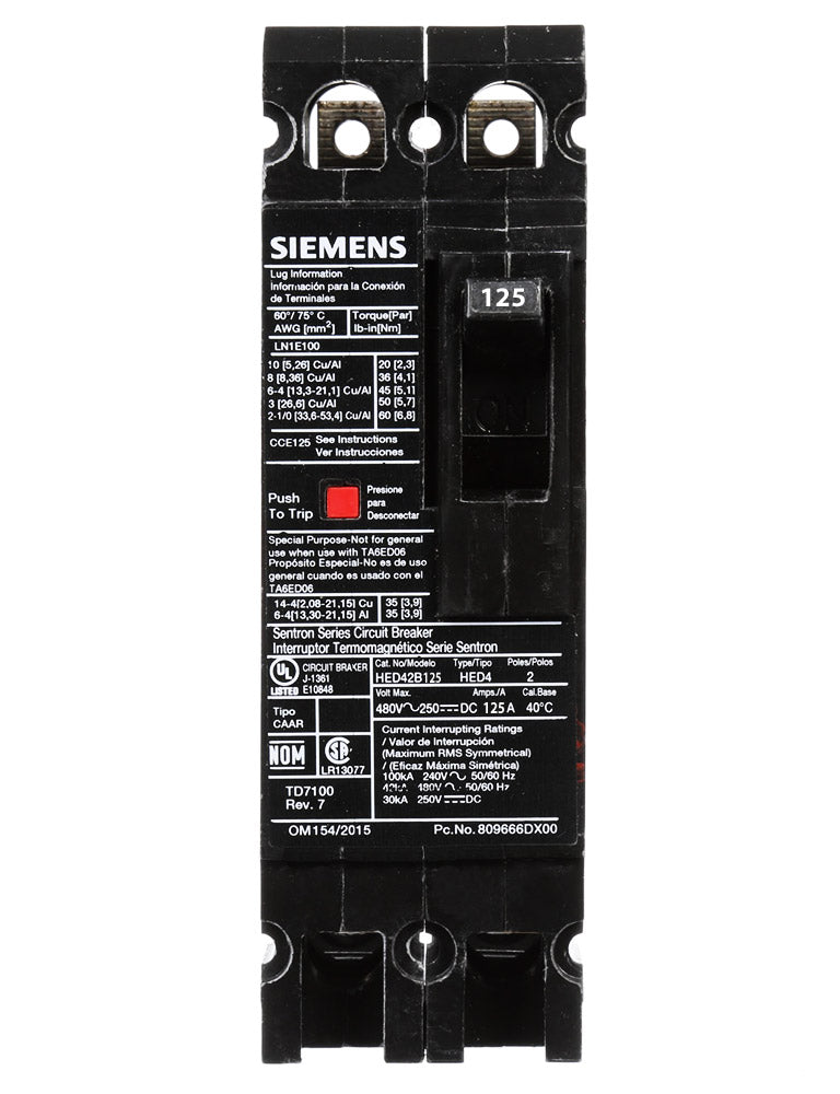 Siemens HED42B125 - Molded Case Circuit Breaker 125A 480V 42kA