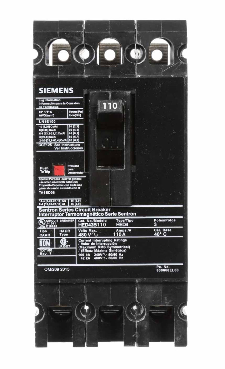 Siemens HED43B110 - Molded Case Circuit Breaker 110A 480V 3P