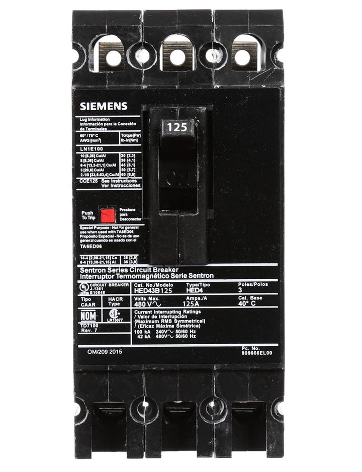 Siemens HED43B125 - Molded Case Circuit Breaker 125A 480V 3P