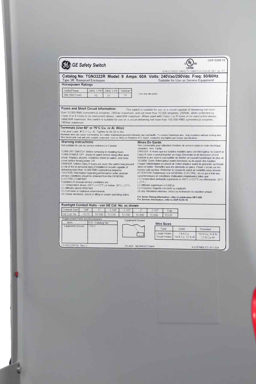 General Electric TGN3322R - Non-Fusible Disconnect Switch 60A 3-Pole (240V AC, 100kA AIC)