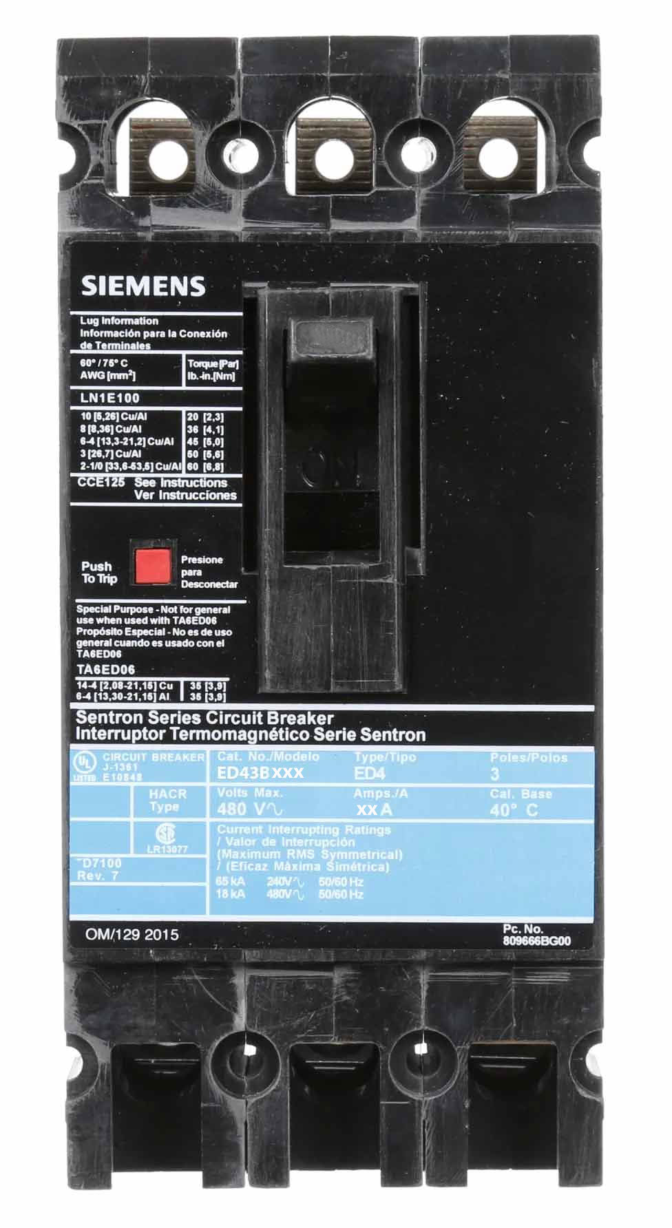Siemens ED43B100 - Molded Case Circuit Breaker 100A 480V 3P