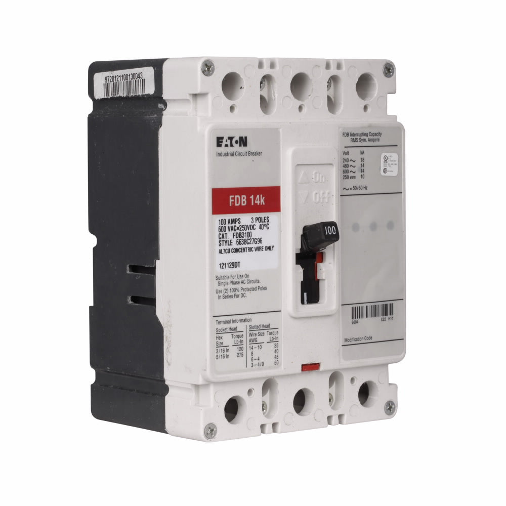 Westinghouse FDB3100 - Molded Case Circuit Breaker 100A 600V 3P