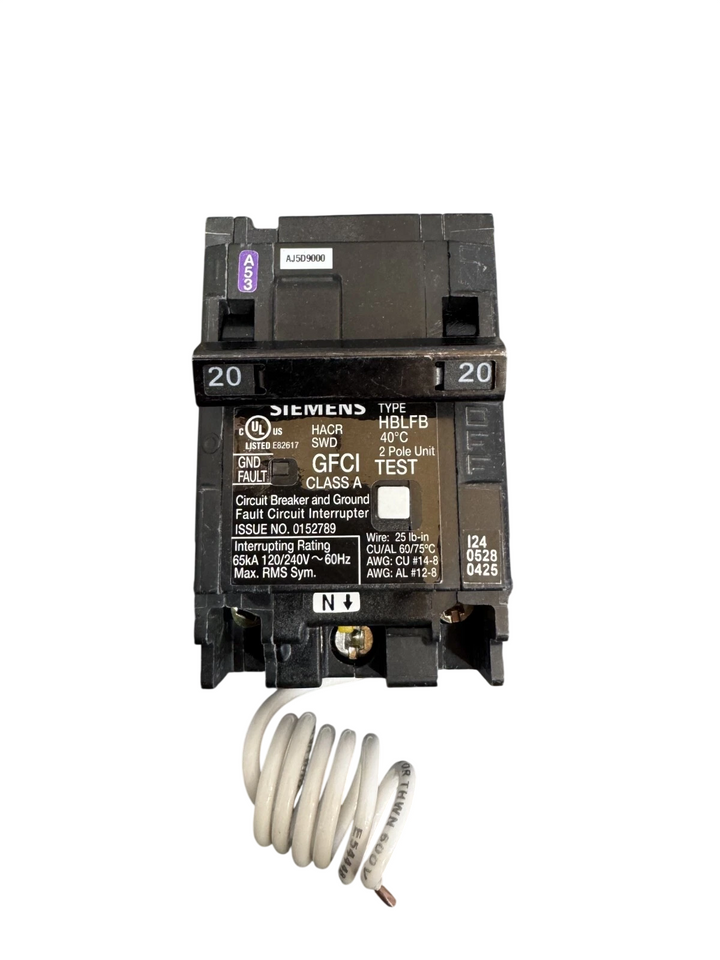 B220GFHH Siemens 20 Amp 2-Pole GFCI Circuit Breaker, 120/240V, 65kA, Bolt-On